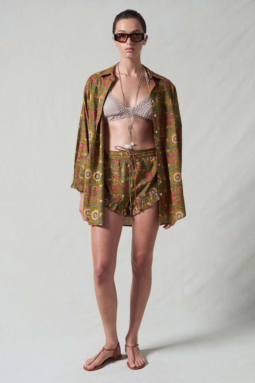 Wildflower Printed Ruffle Short Set Olive Green – Chan Luu