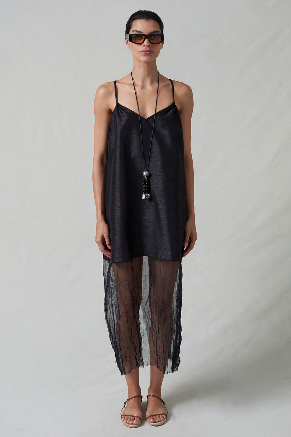 CHAN LUU Techno Taffeta Mesh Dress in Black