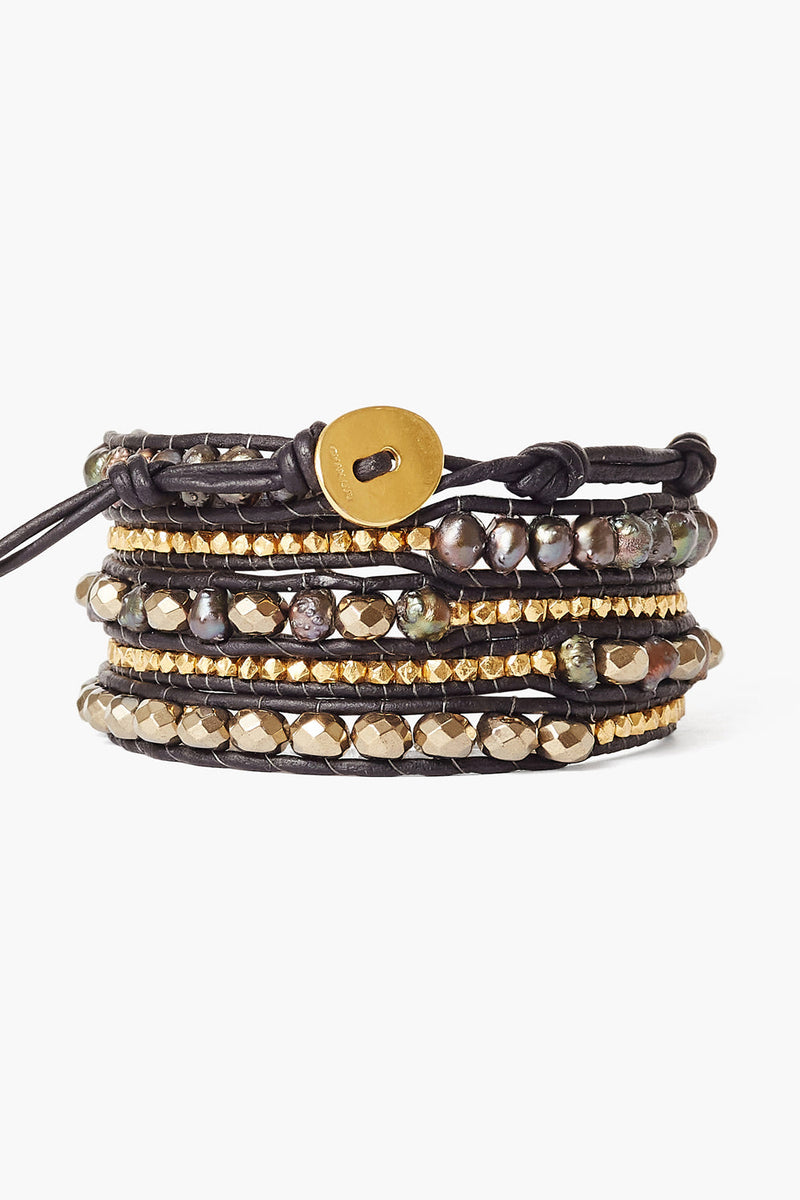 Pearl and Gold Wrap Bracelet Pyrite Mix