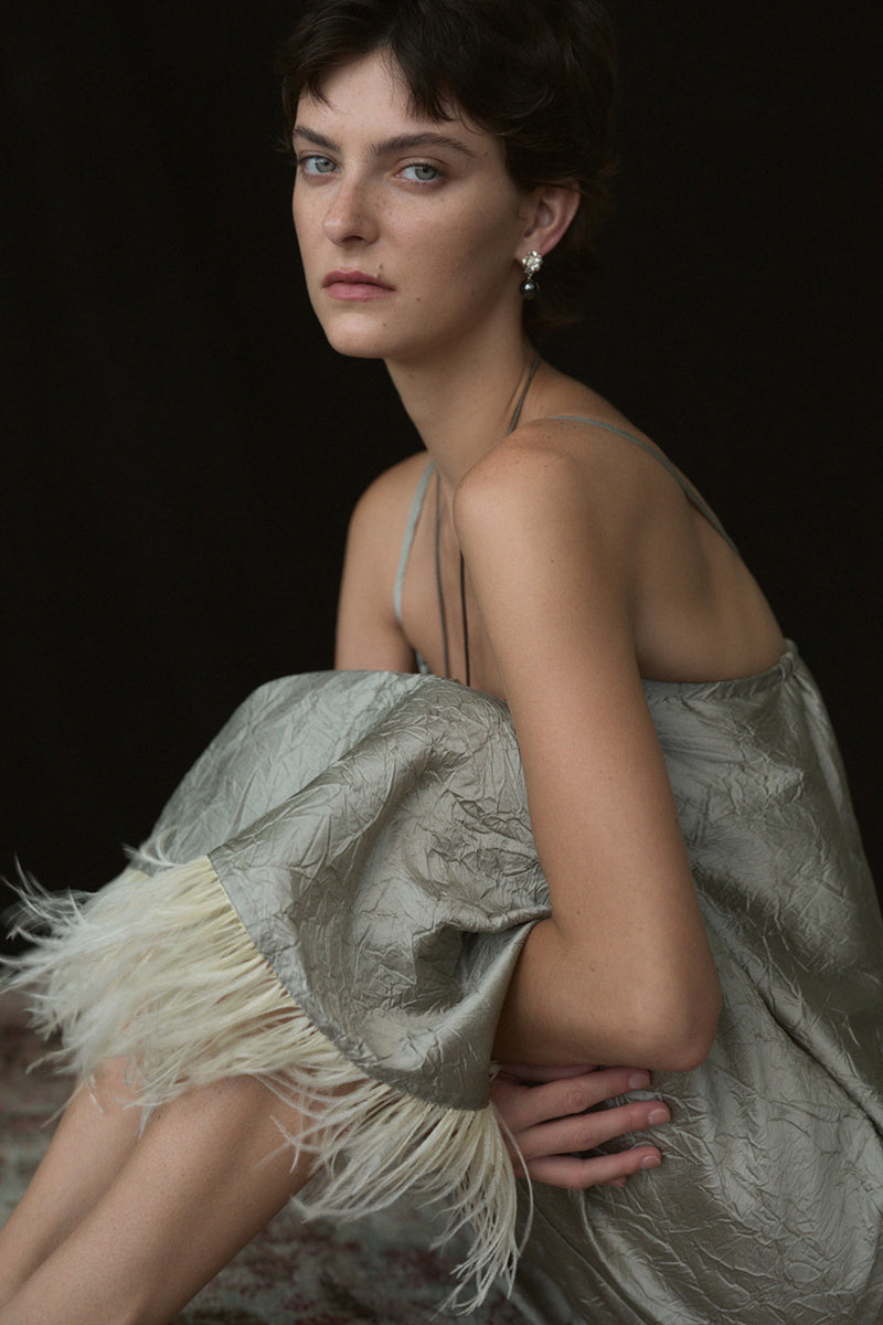 Crinkle Techno Taffeta Feather Dress Limestone