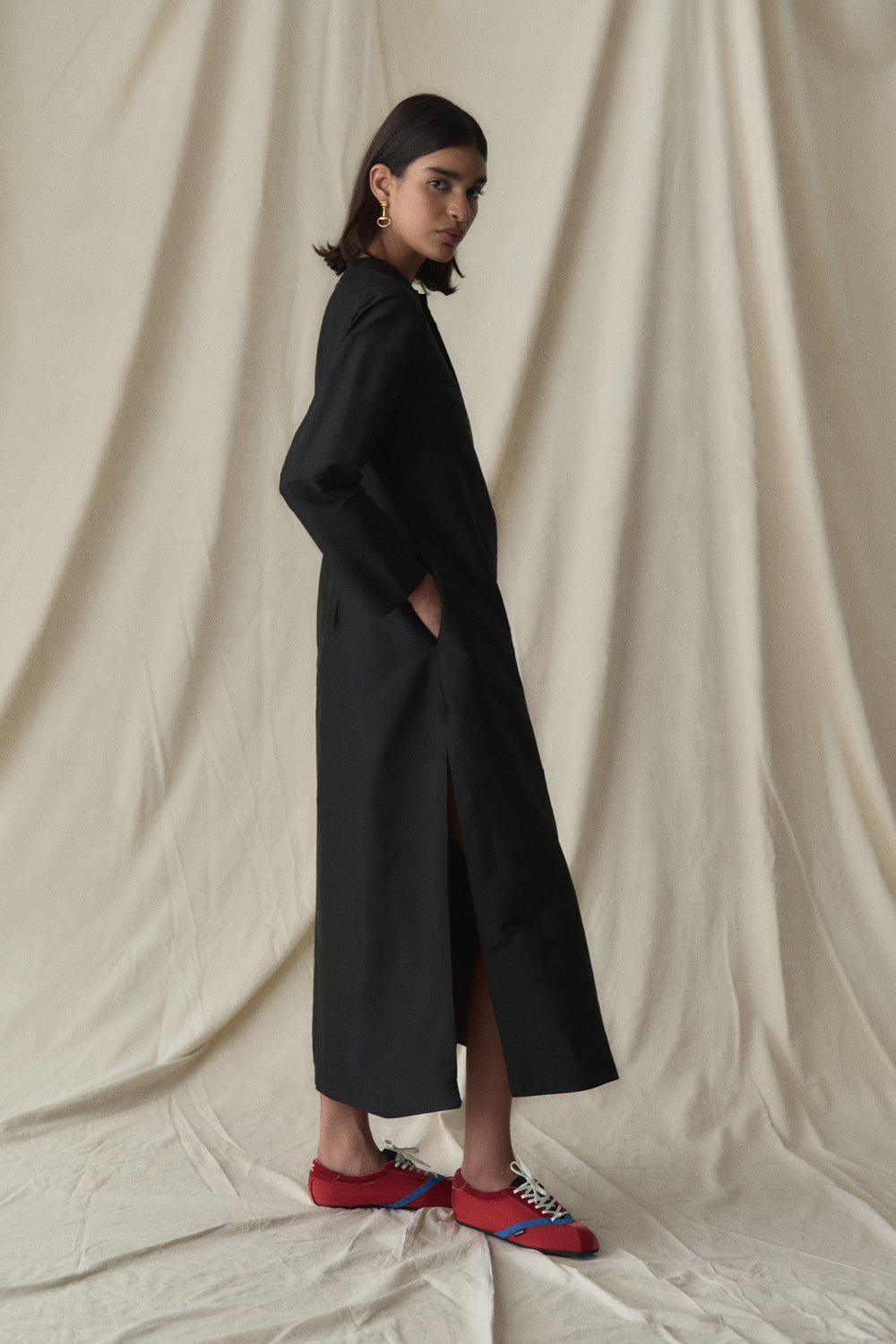 Techno Taffeta Collarless Coat Black