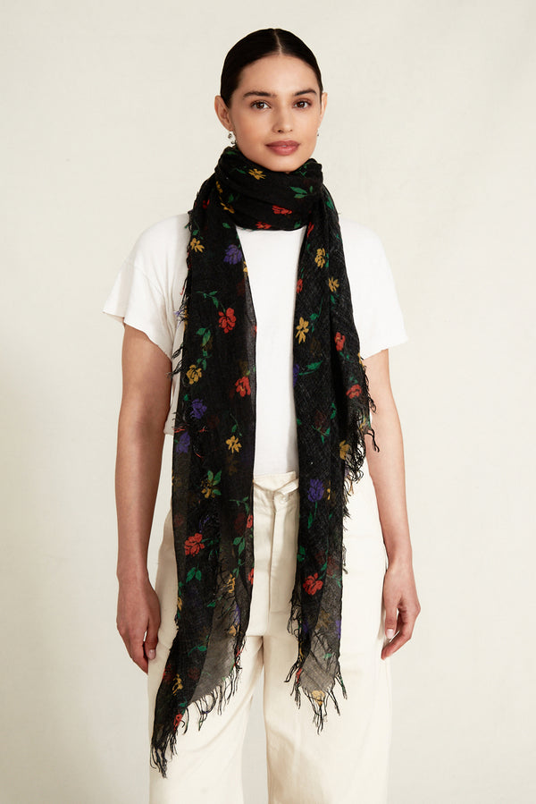 Black Valentina Floral Print Cashmere and Silk Scarf