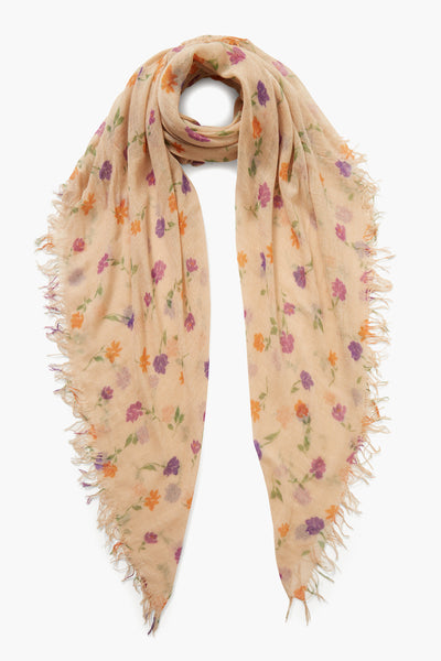 Cream Valentina Floral Print Cashmere and Silk Scarf