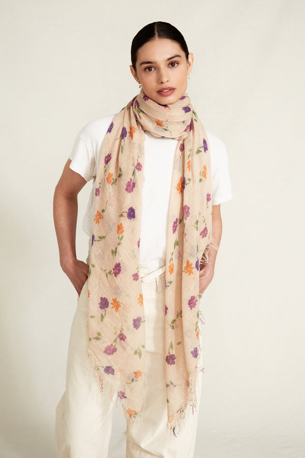 Cream Valentina Floral Print Cashmere and Silk Scarf