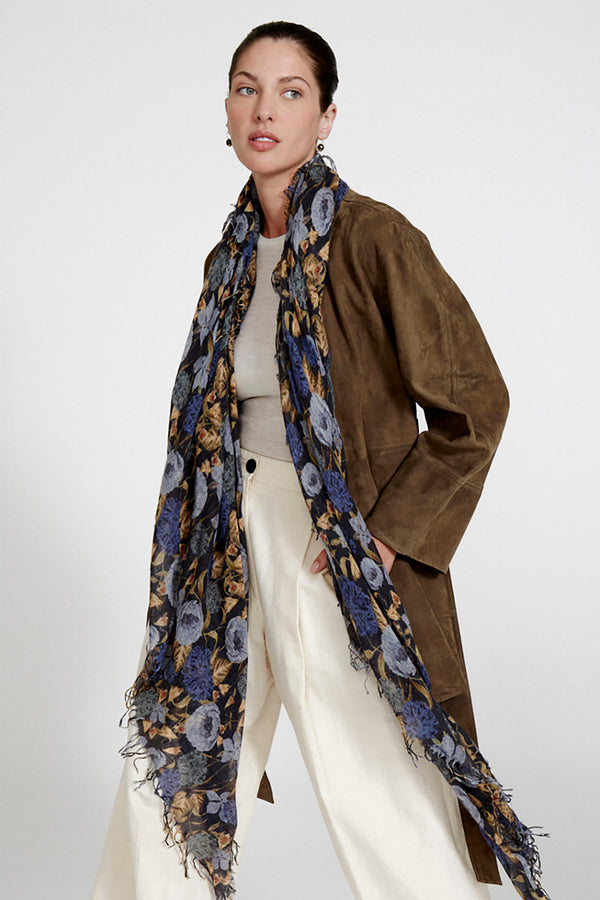 Cashmere and Silk Scarf Navy Floral