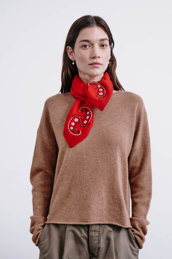 Wool Cashmere Embroidered Bandana Red