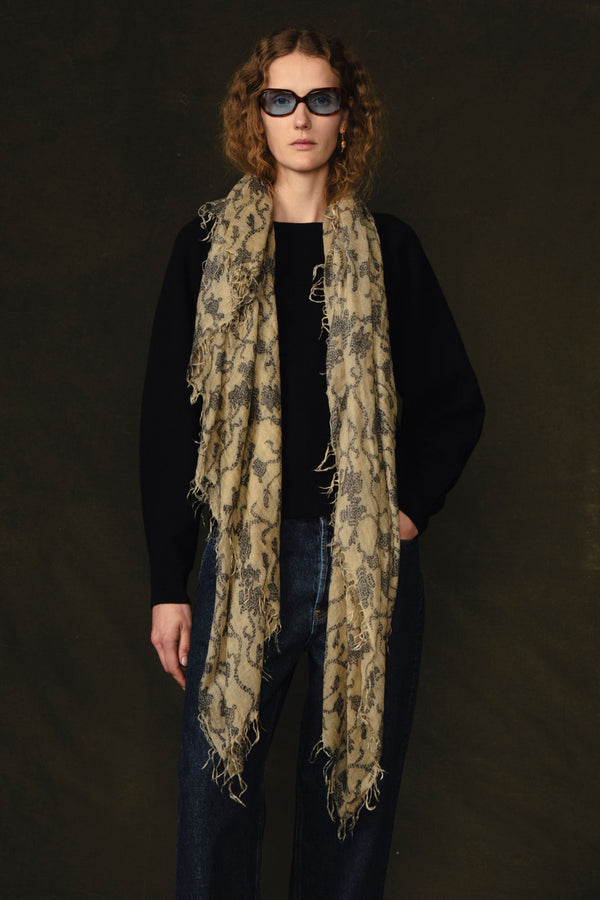 Cashmere and Silk Scarf Ecru Kantha Floral
