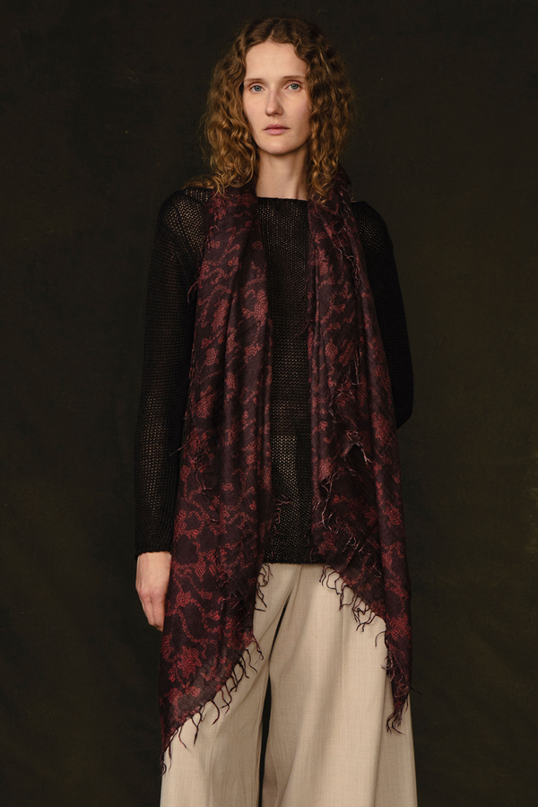 Cashmere and Silk Scarf Wine Kantha Floral