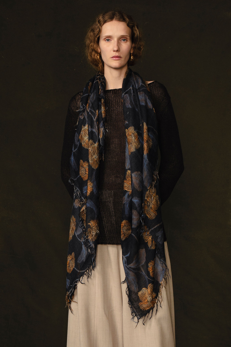 Cashmere and Silk Scarf Black Morning Glory Floral