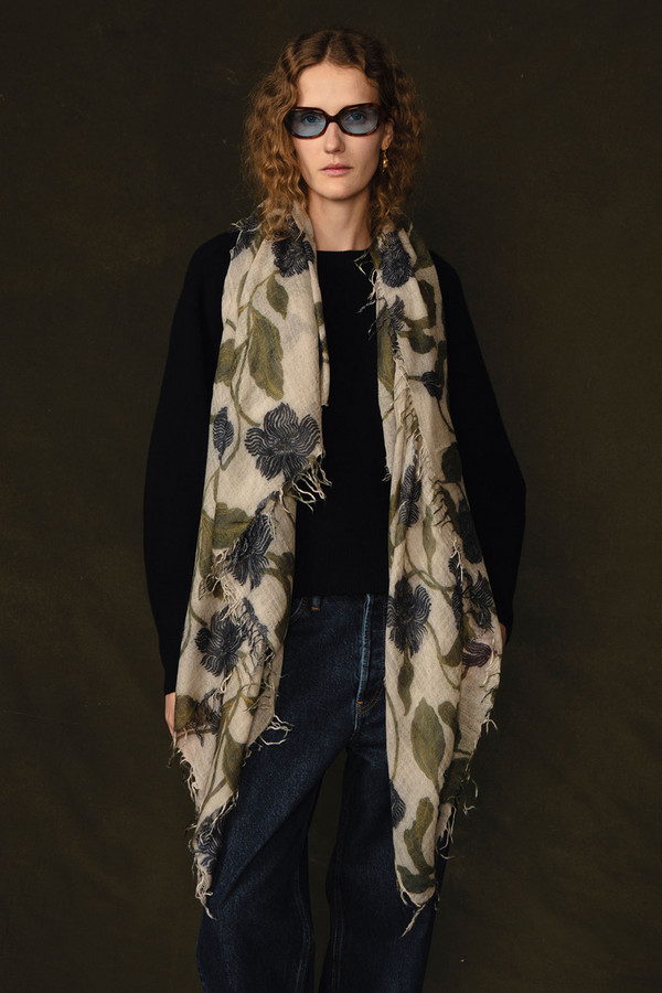 Cashmere and Silk Scarf Creme Morning Glory Floral