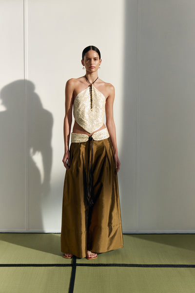Techno Taffeta Ultra Wide Leg Trouser Bronze
