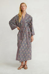 Alice Block Print Floral Robe Blue Mix