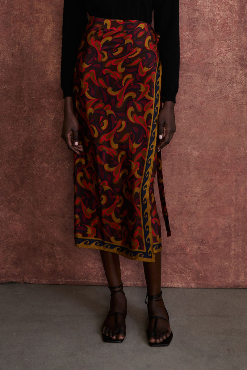 Paisley Silk Wrap Skirt Chocolate