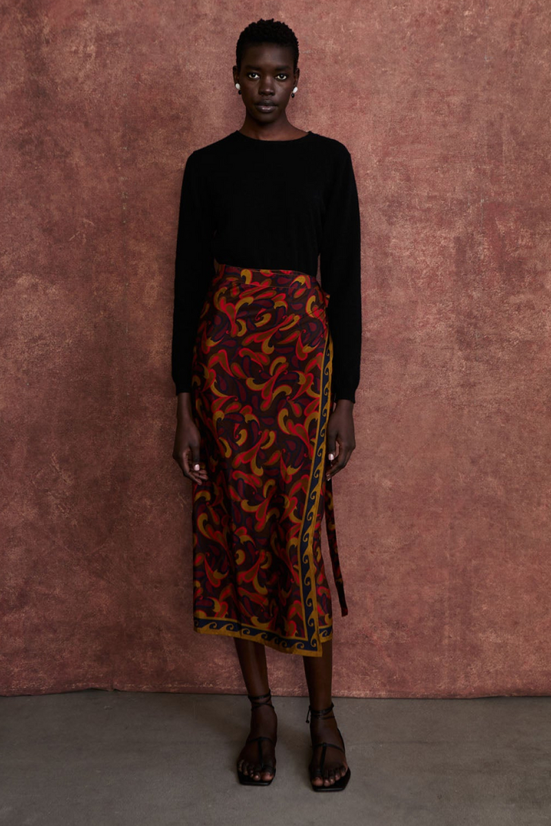 Paisley Silk Wrap Skirt Chocolate