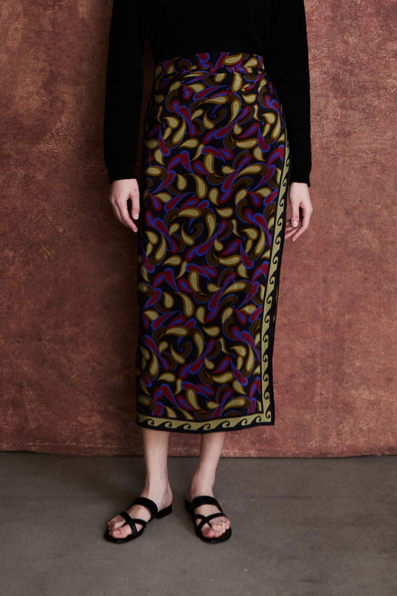 Paisley Silk Wrap Skirt Lapis