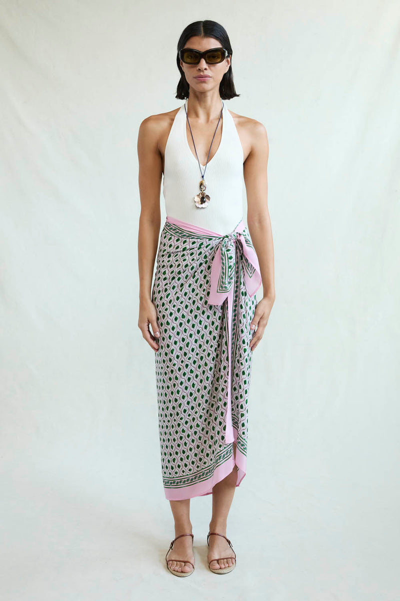 Watercolor Tile Print Silk Sarong Green