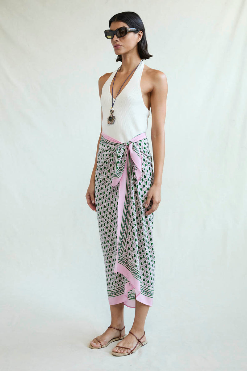 Watercolor Tile Print Silk Sarong Green