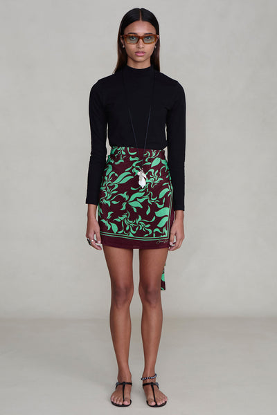 Silk Mini Wrap Skirt Mahogany
