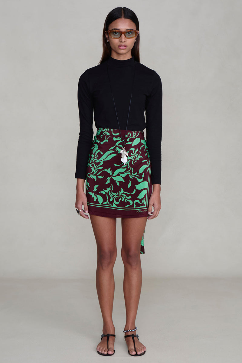 Silk Mini Wrap Skirt Mahogany
