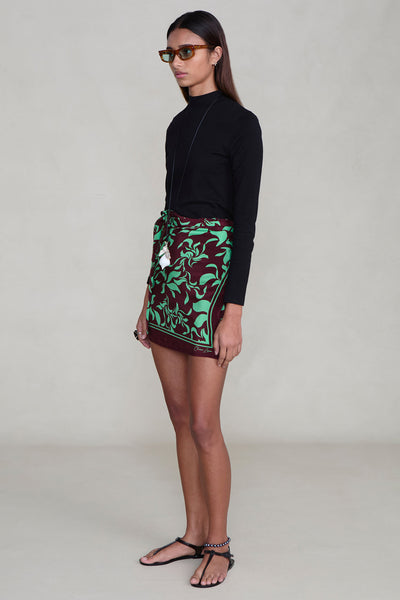 Silk Mini Wrap Skirt Mahogany