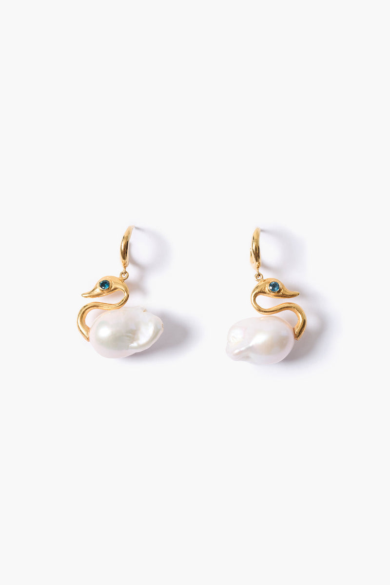 Swan Hoop Earrings White Pearl