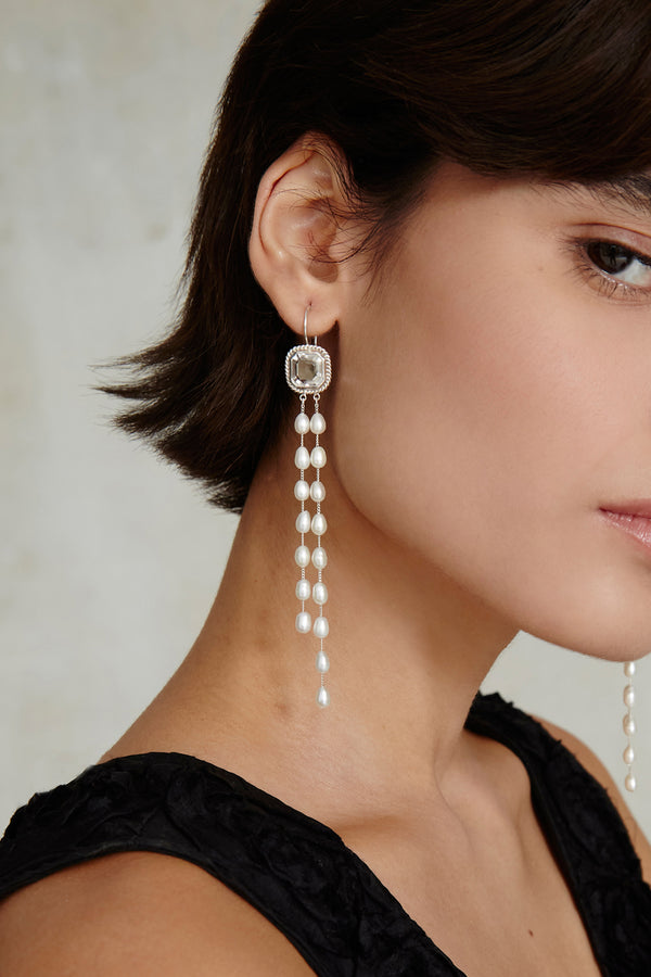 Geneva Tiered Pearl Earrings Crystal