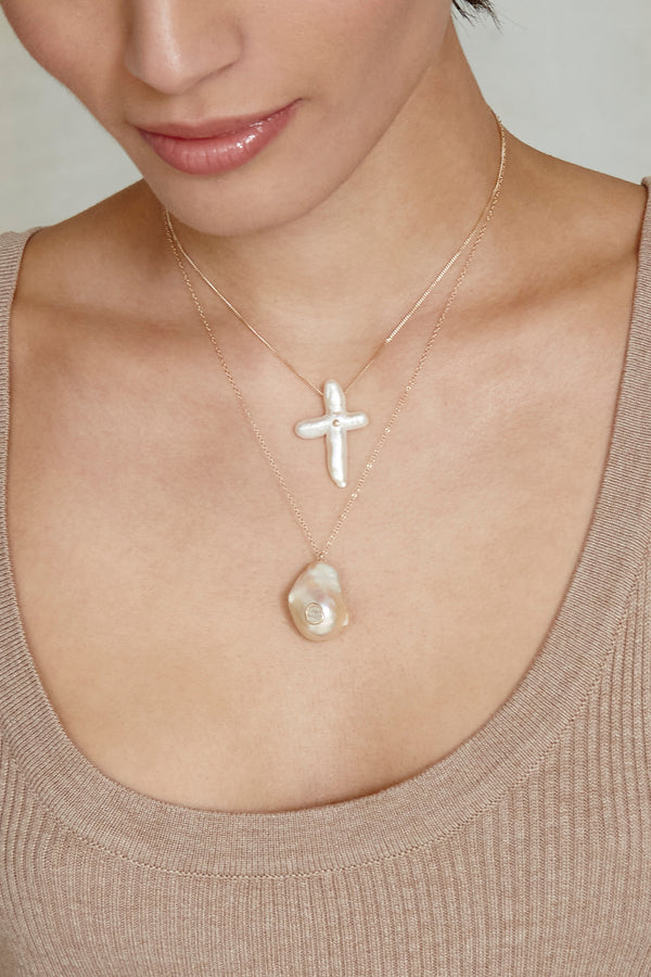 14k Chan Baroque Pearl Cross Necklace Set