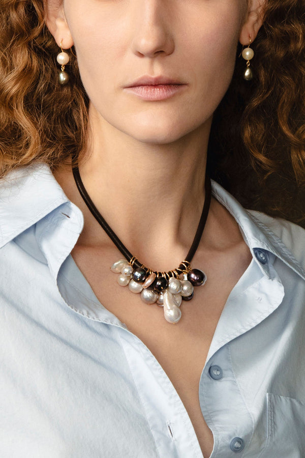Lea Leather Collar Necklace Pearl