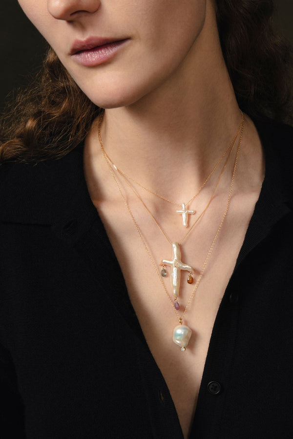 14k Chandelier Pearl Cross Necklace Natural Pink