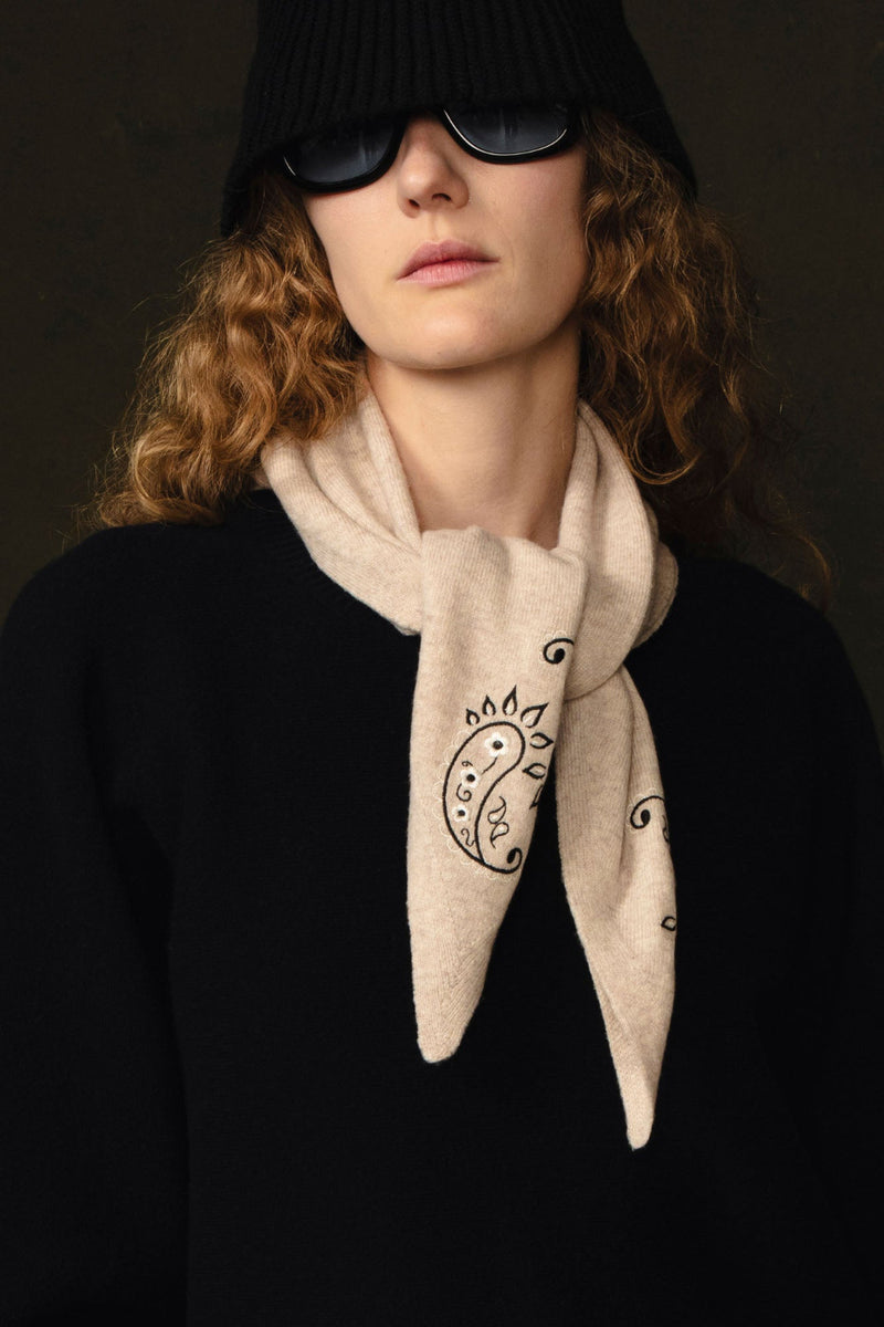 Wool Cashmere Embroidered Bandana Heather Oatmeal