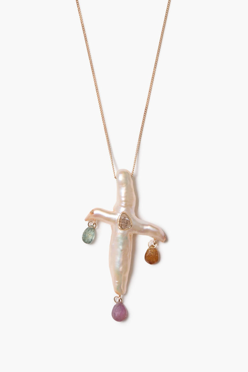 14k Chandelier Pearl Cross Necklace Natural Pink
