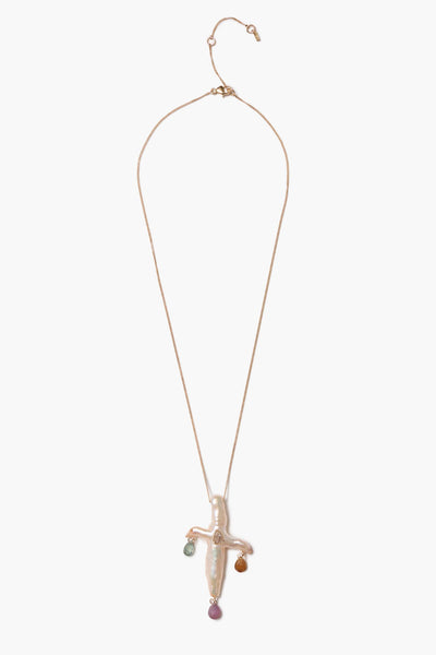 14k Chandelier Pearl Cross Necklace Natural Pink