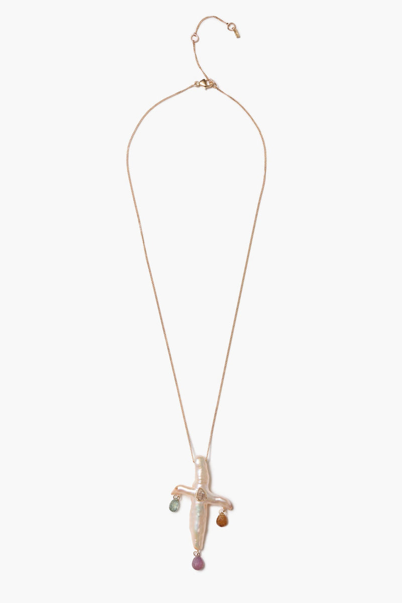 14k Chandelier Pearl Cross Necklace Natural Pink