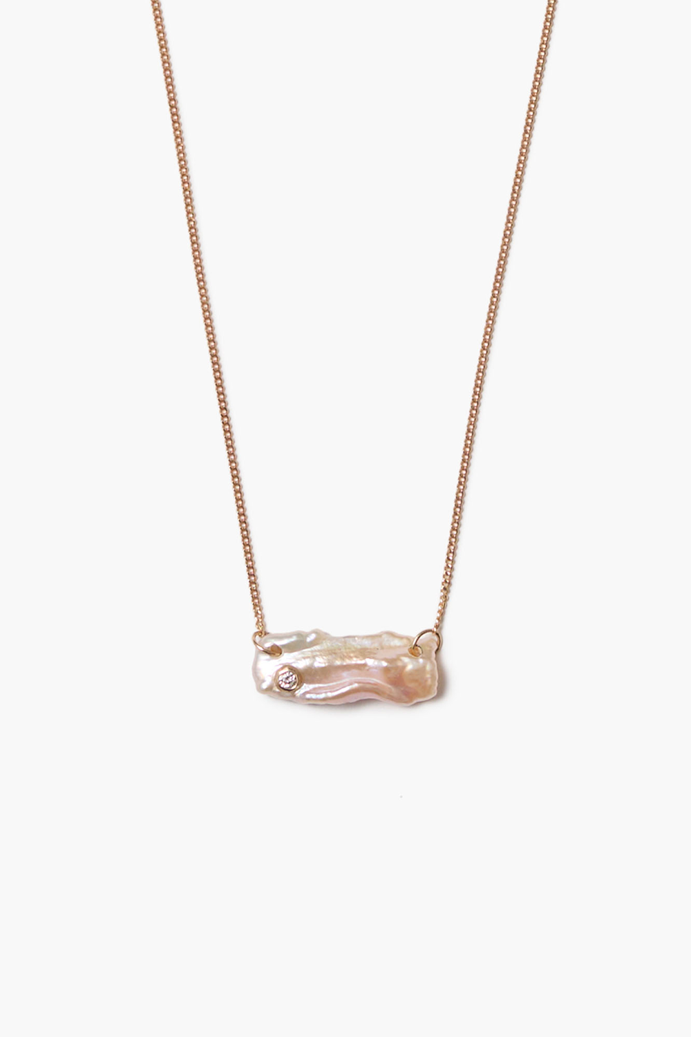 14k Diamond Biwa Bar Necklace Pearl
