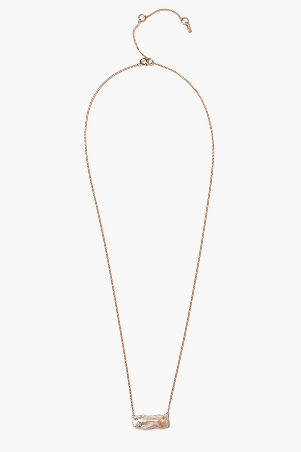 14k Diamond Biwa Bar Necklace Pearl