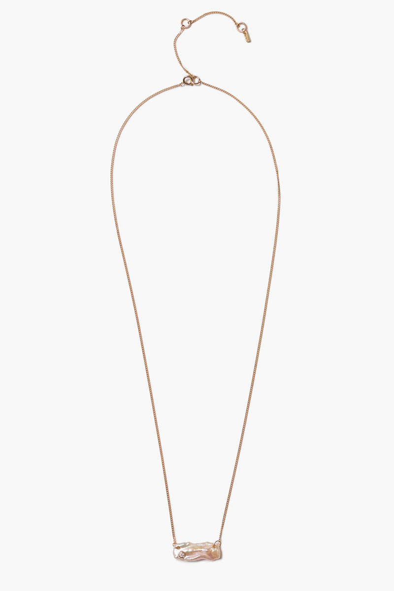 14k Diamond Biwa Bar Necklace Pearl