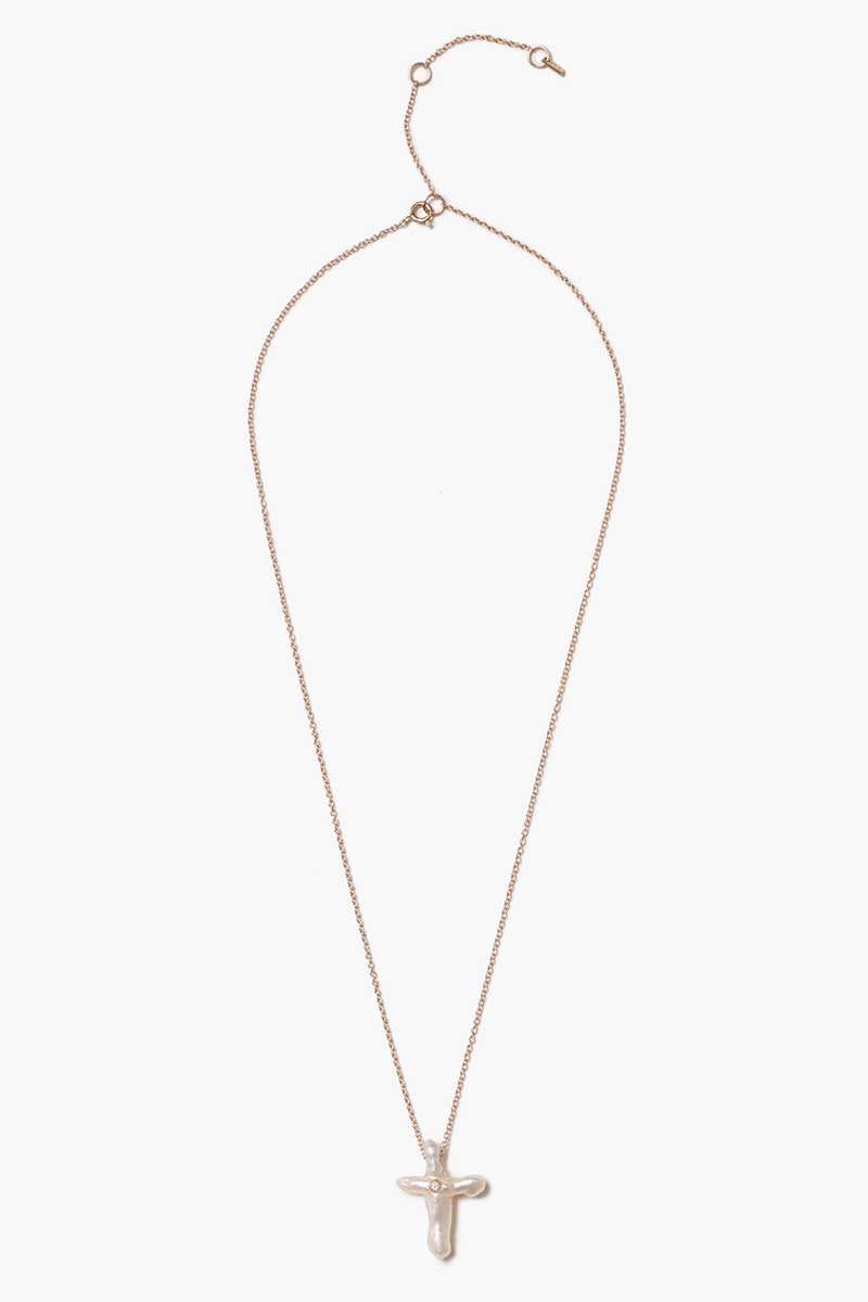 14k Diamond Pearl Cross Necklace White Pearl