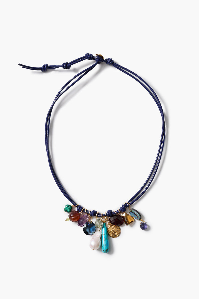 Romy Leather Charm Necklace Blue
