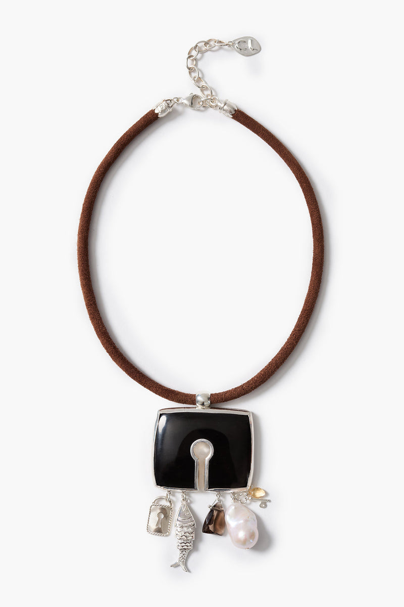 Lock Charm Necklace Black Horn