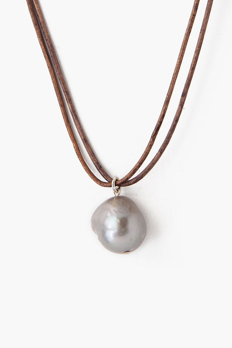 Grey Baroque Pearl on Leather Cord Necklace
