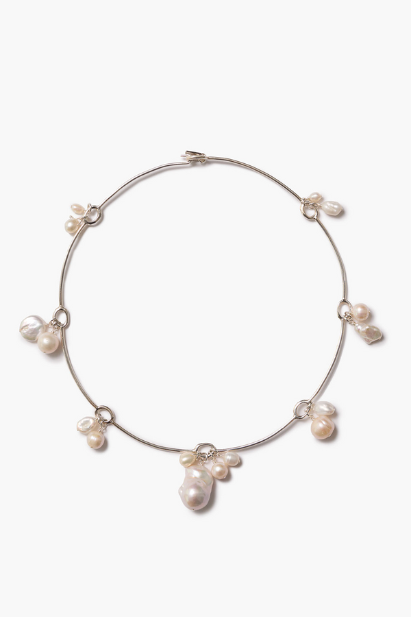 Crown Pearl Collar Necklace Silver