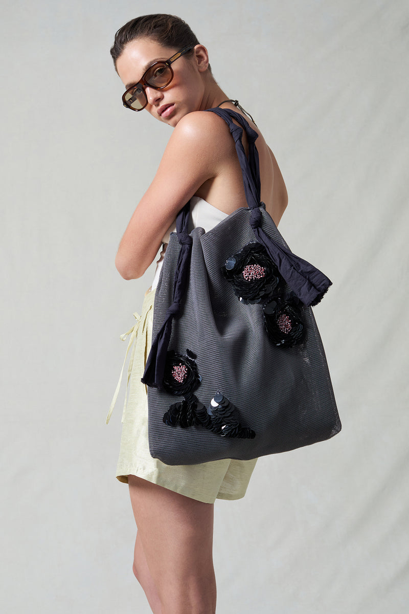 Mesh Net Sequin Tote Steel