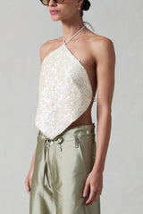 Shell Button Backless Halter Top Natural