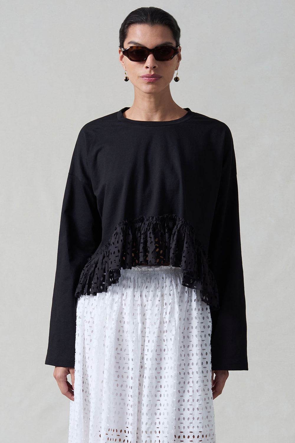 Laser Cut High Low Long Sleeve Tee Black