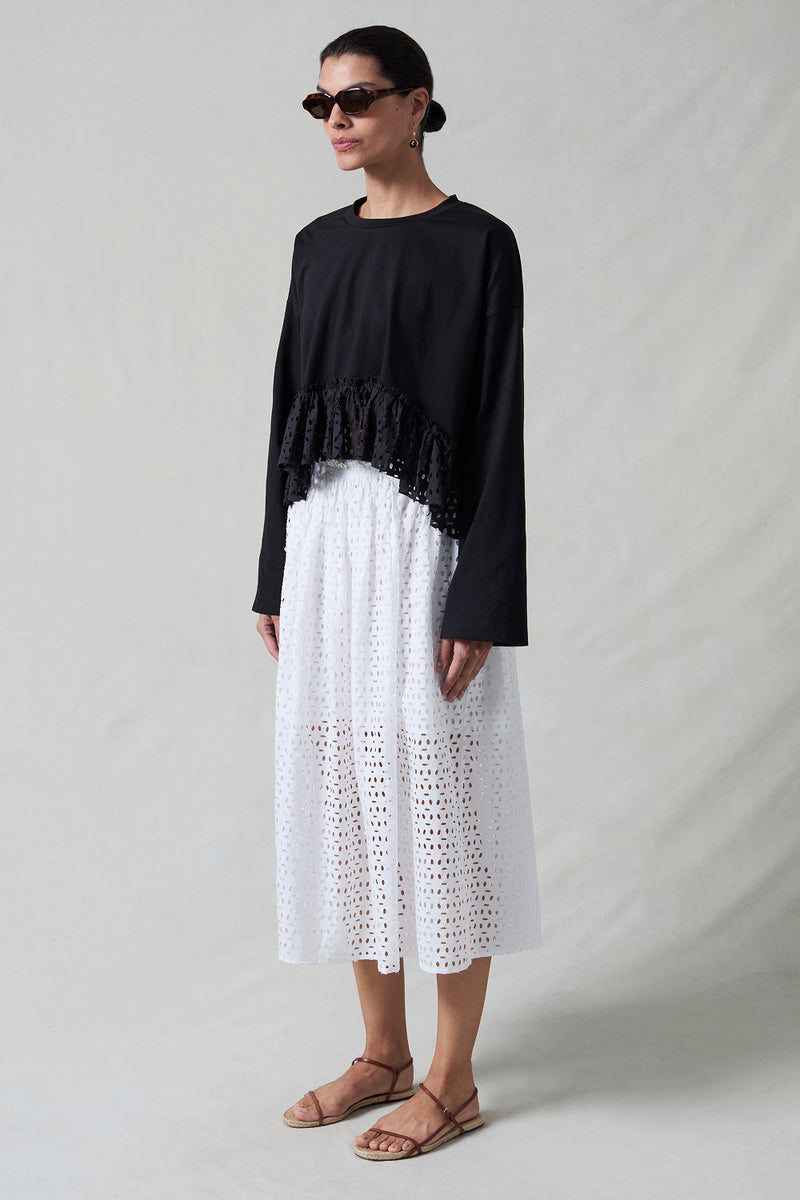 Laser Cut High Low Long Sleeve Tee Black