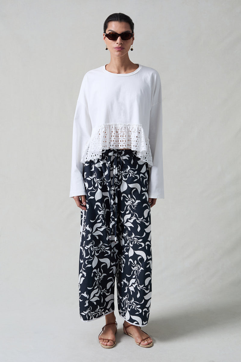 Laser Cut High Low Long Sleeve Tee White