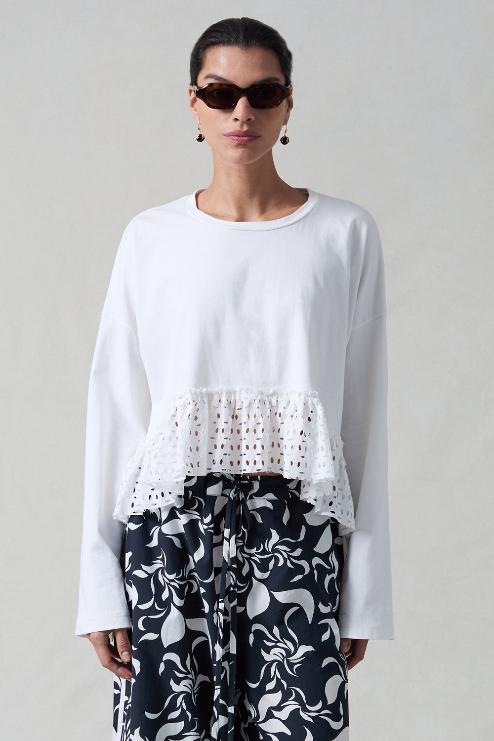Laser Cut High Low Long Sleeve Tee White