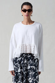 Laser Cut High Low Long Sleeve Tee White