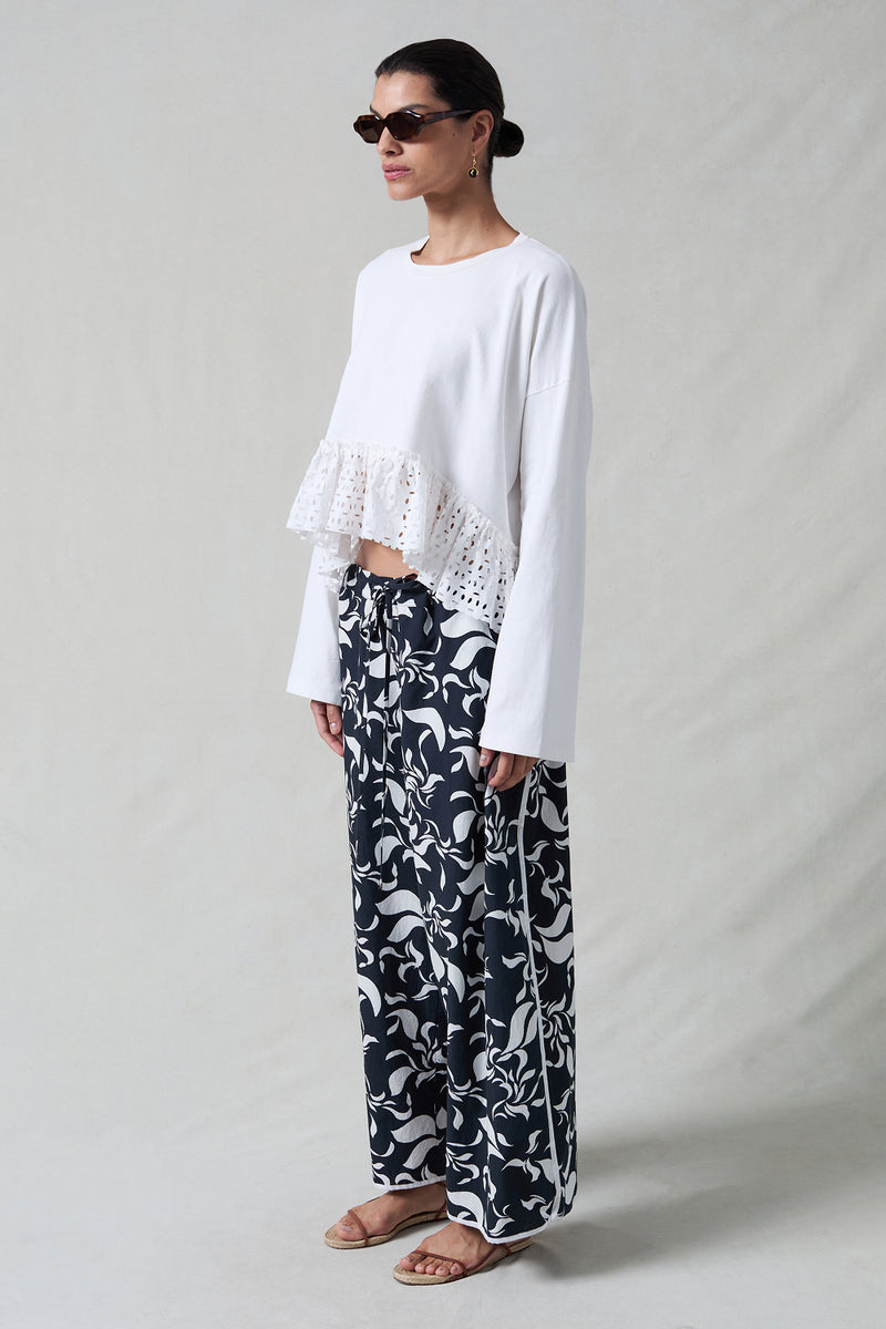 Laser Cut High Low Long Sleeve Tee White