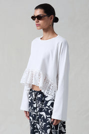 Laser Cut High Low Long Sleeve Tee White